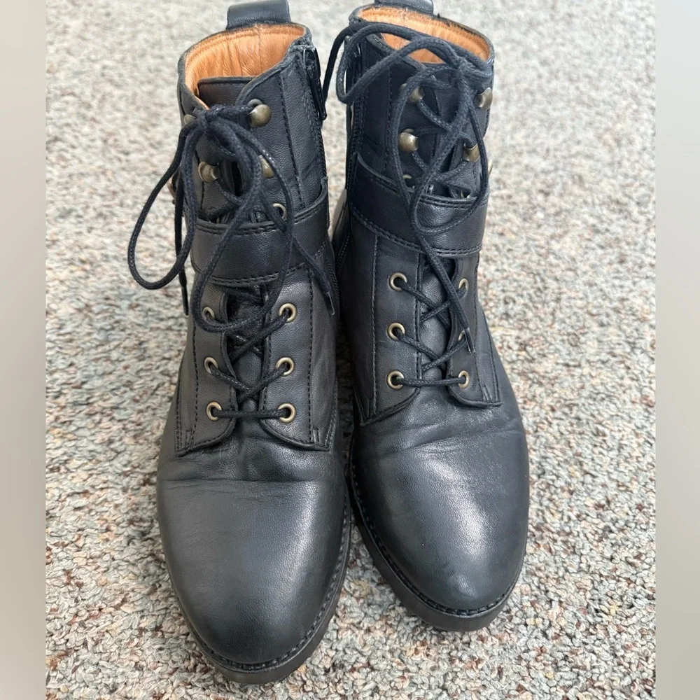 Sezane Black Leather Lace-Up Ankle Boots with Buckle